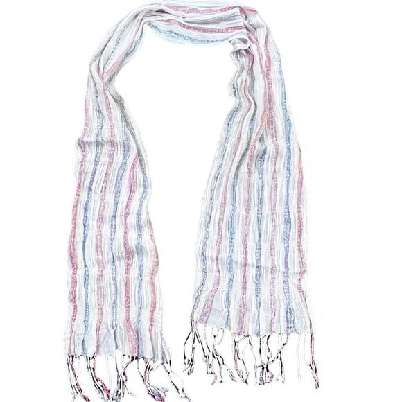 White Striped Fringed Scarf with Shimmery Silver Threads L66" W9" Fringe 3" - Picture 2 of 8